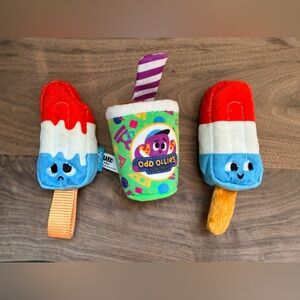 BarkBox Small Dog Toys Set of 3 Popsicle Pizza Soda Plush Squeaky
